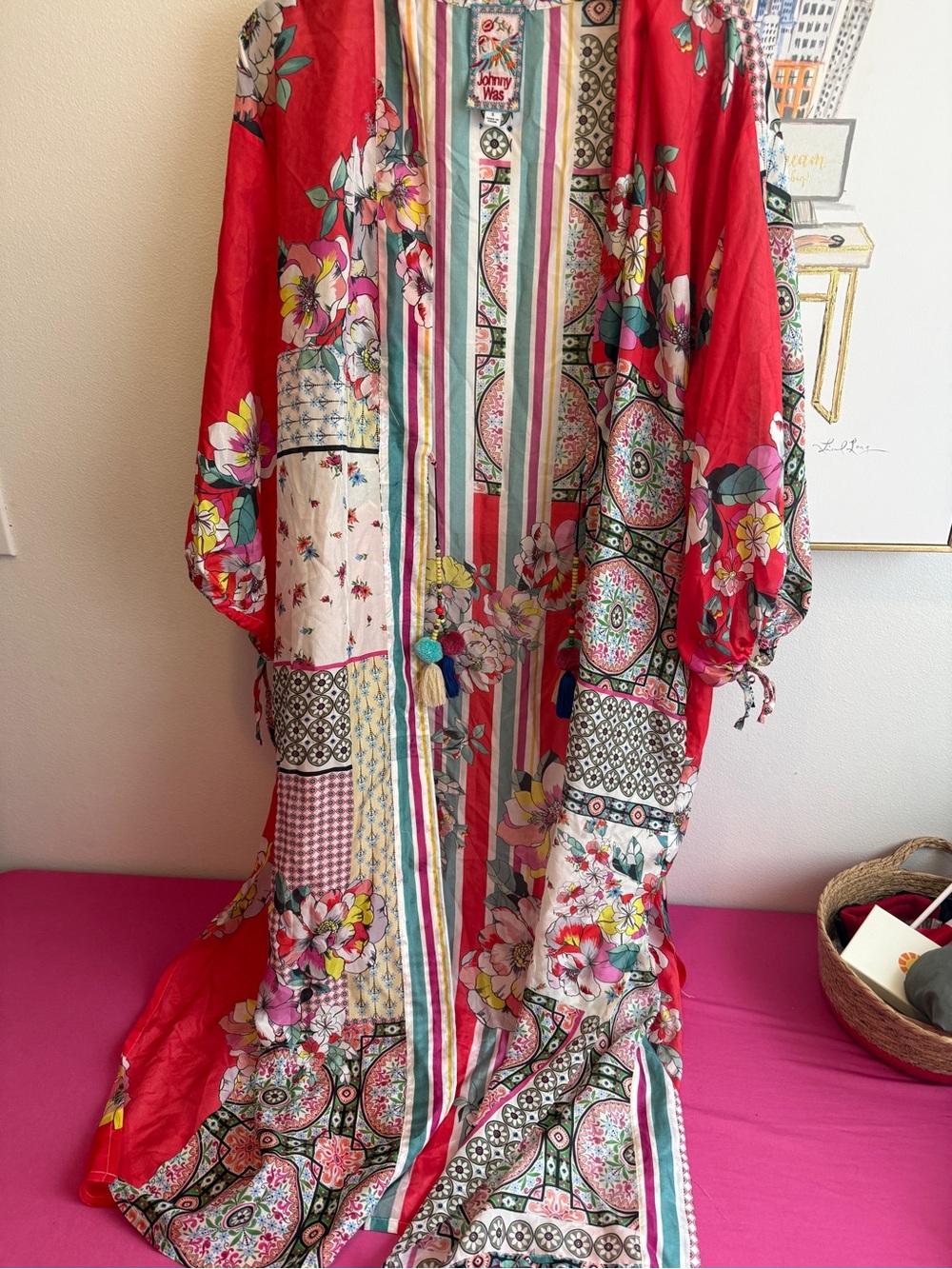 Johnny Was Multicolor Floral & Stripe 100% lined long kimono